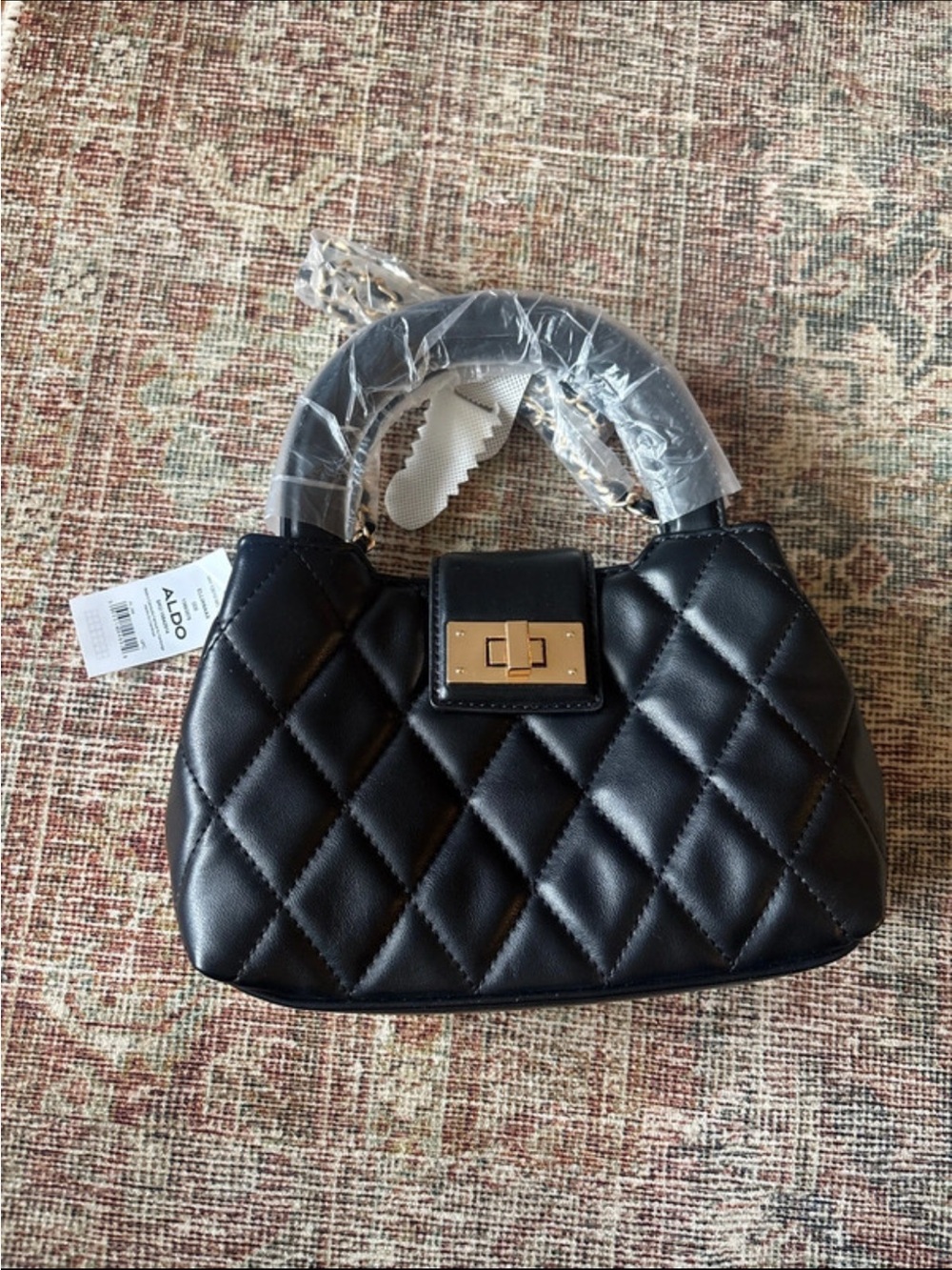 Aldo Black Quilted Satchel with Gold-Tone Turn Lock
